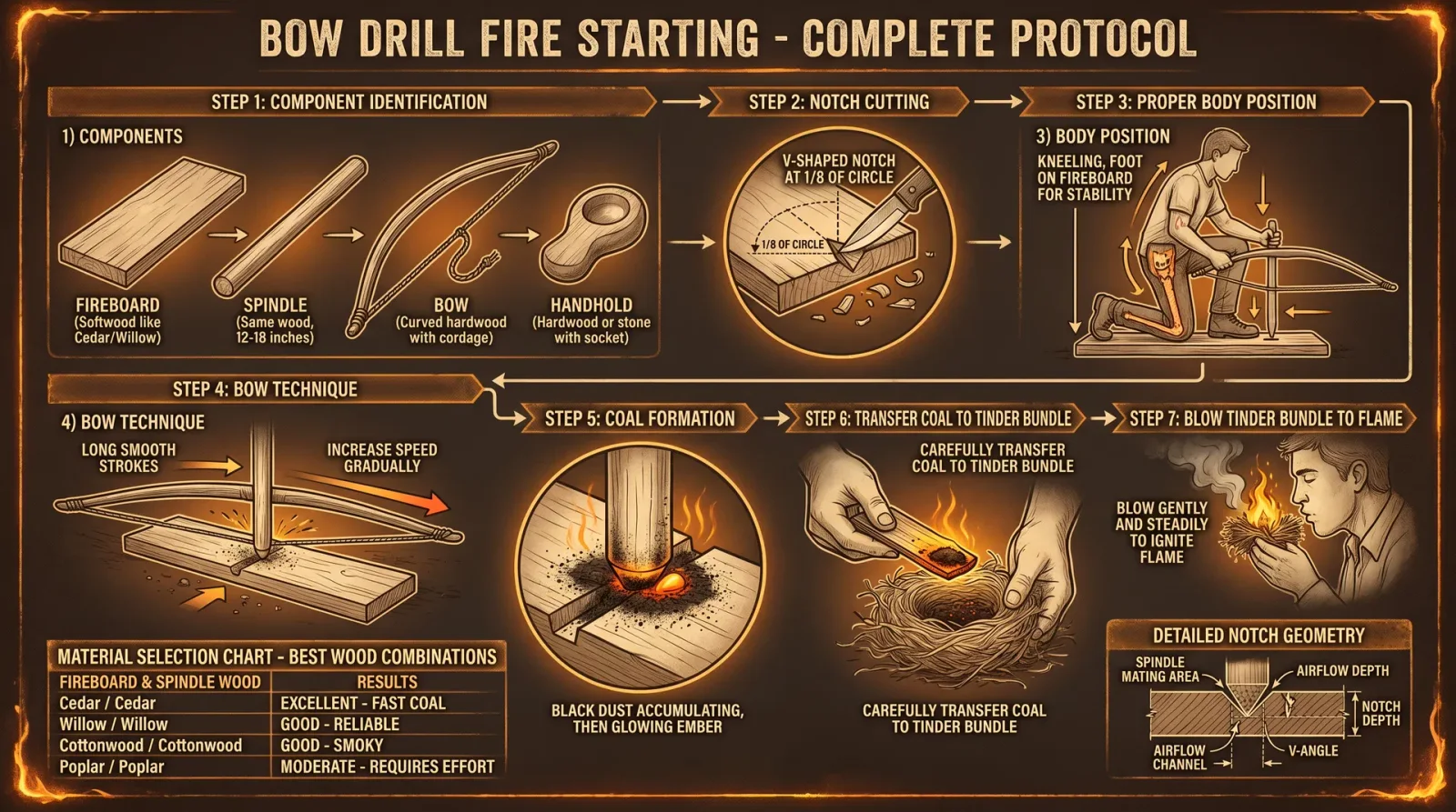 Bow Drill Fire Starting — Complete Protocol