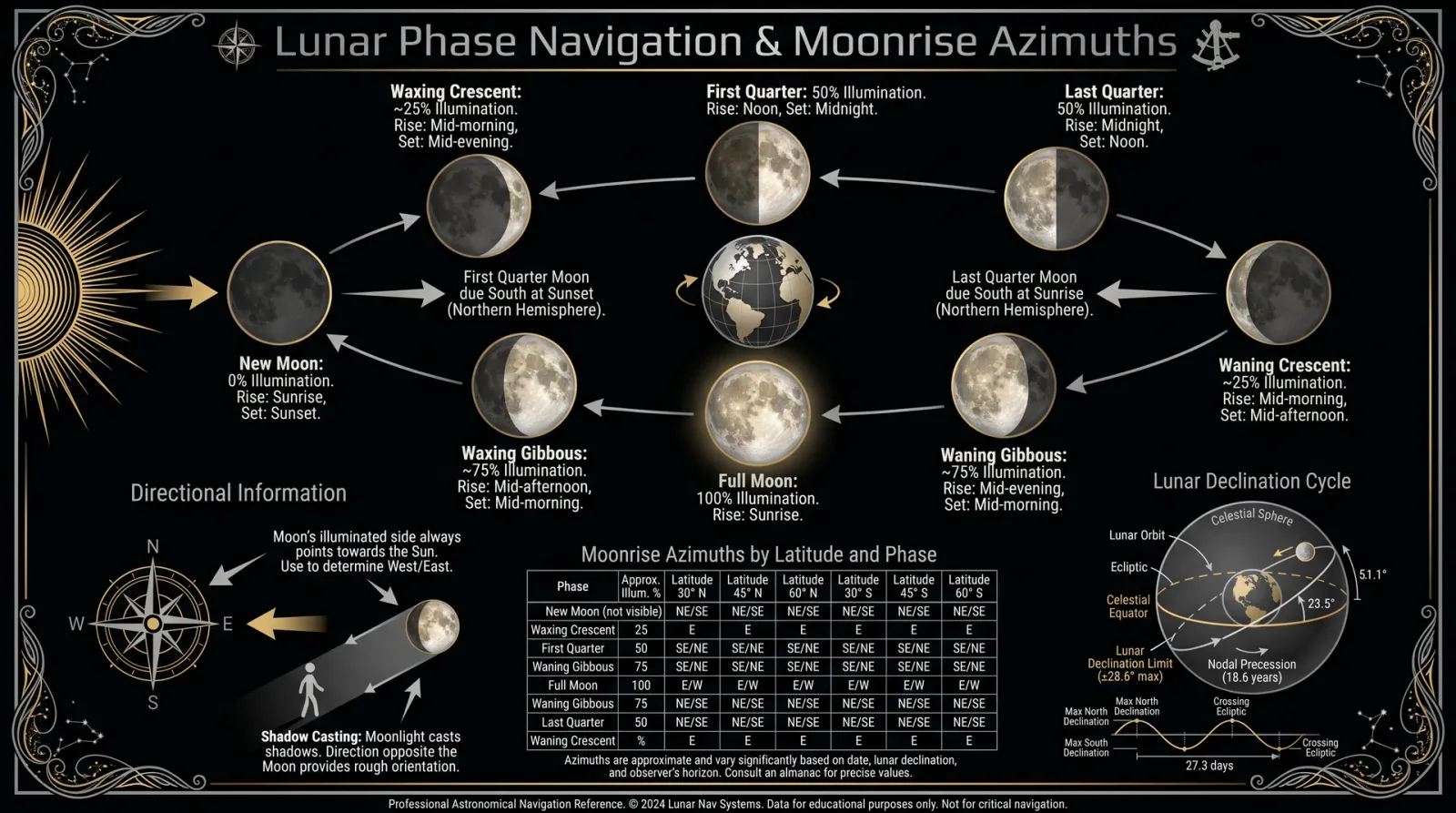 Lunar Phase Navigation & Moonrise Azimuths