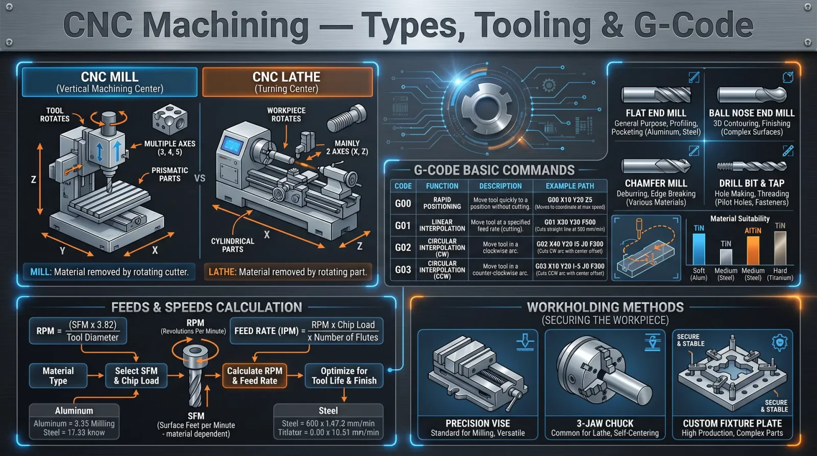 CNC Machining — Types, Tooling & G-Code