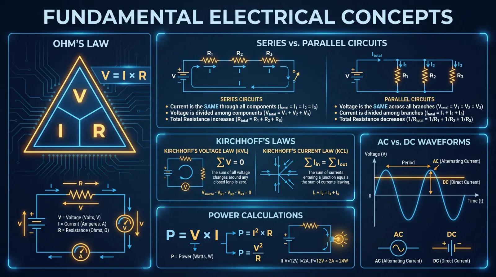 Fundamental Electrical Concepts — Ohm's Law, Kirchhoff's Laws & Power
