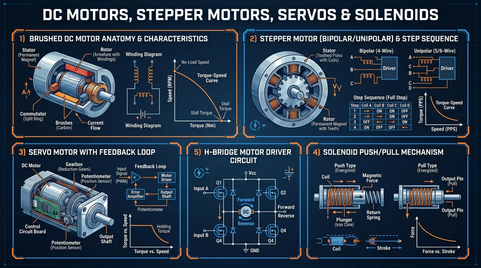 DC Motors, Stepper Motors, Servos & Solenoids