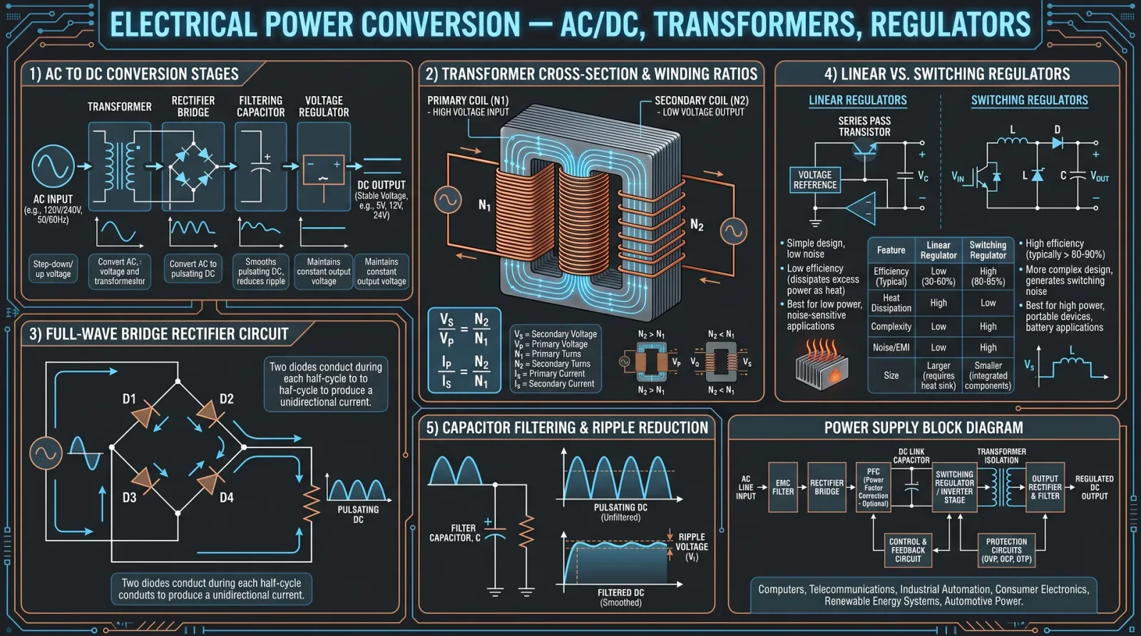 Electrical Power Conversion — AC/DC, Transformers, Regulators