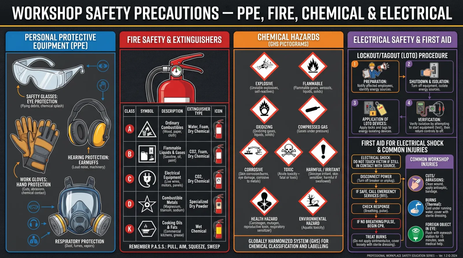 Workshop Safety Precautions — PPE, Fire, Chemical & Electrical
