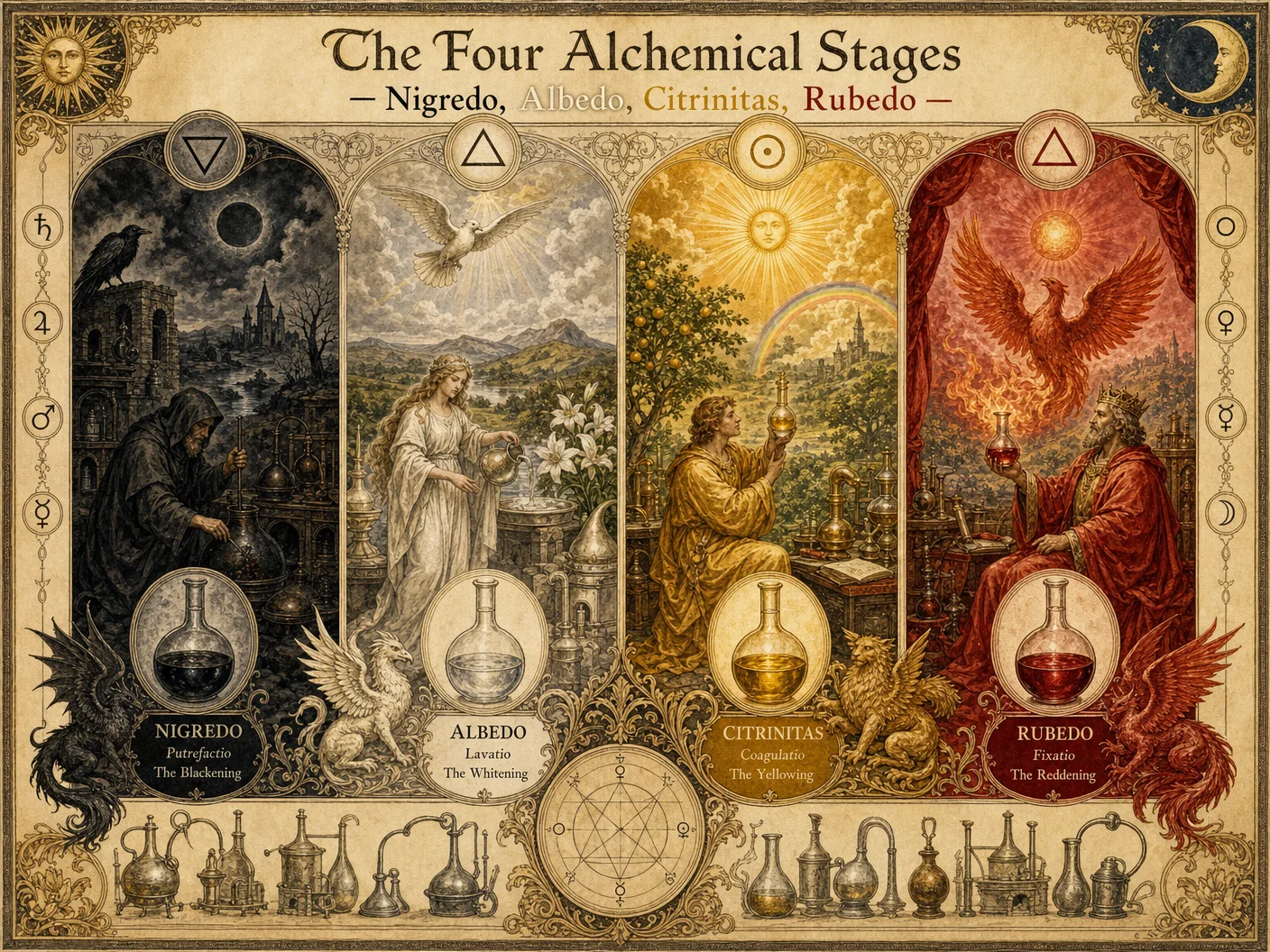 The Four Alchemical Stages — Nigredo, Albedo, Citrinitas, Rubedo