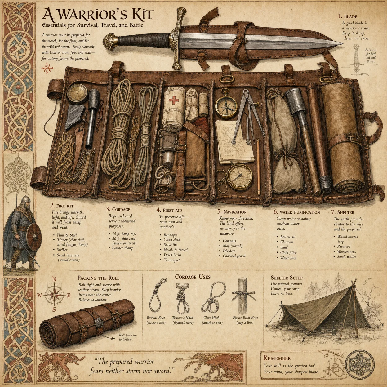 Complete warrior's kit laid out: blade, fire kit, cordage, f