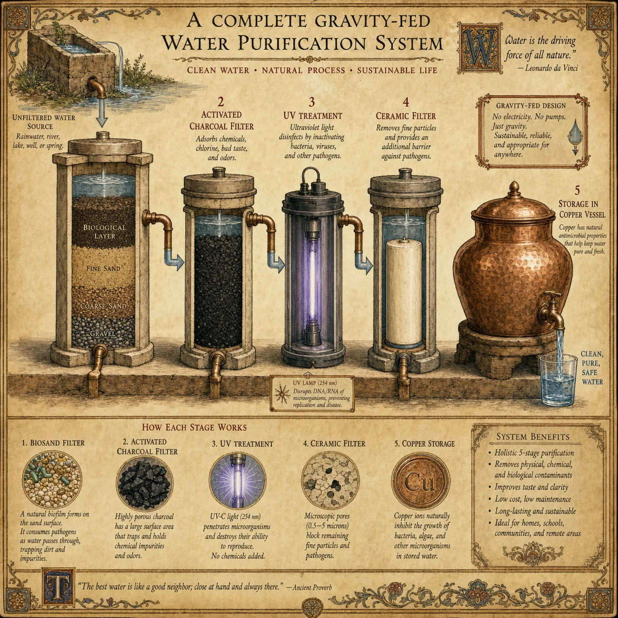 Complete water purification system diagram: biosand filter,