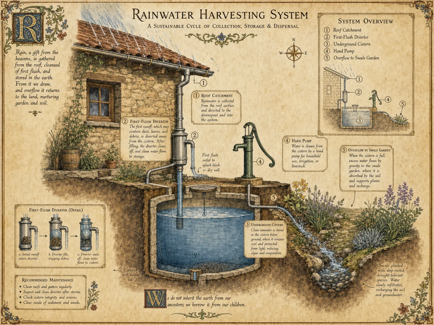 Rainwater harvesting system: roof catchment, first-flush div