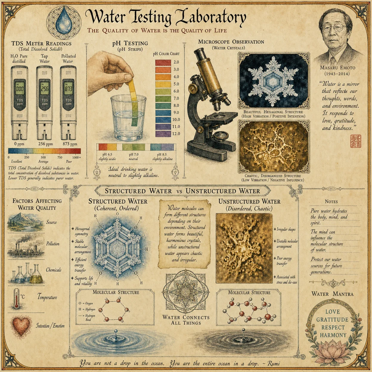 Water testing laboratory: TDS meter readings, pH strips, mic